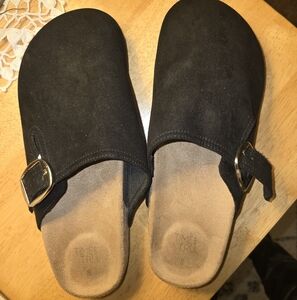 Black Suede Slip-On Clogs with Gold Buckle Size 8